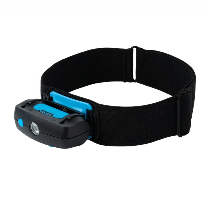 A black belt with a blue Head Light attached to it.