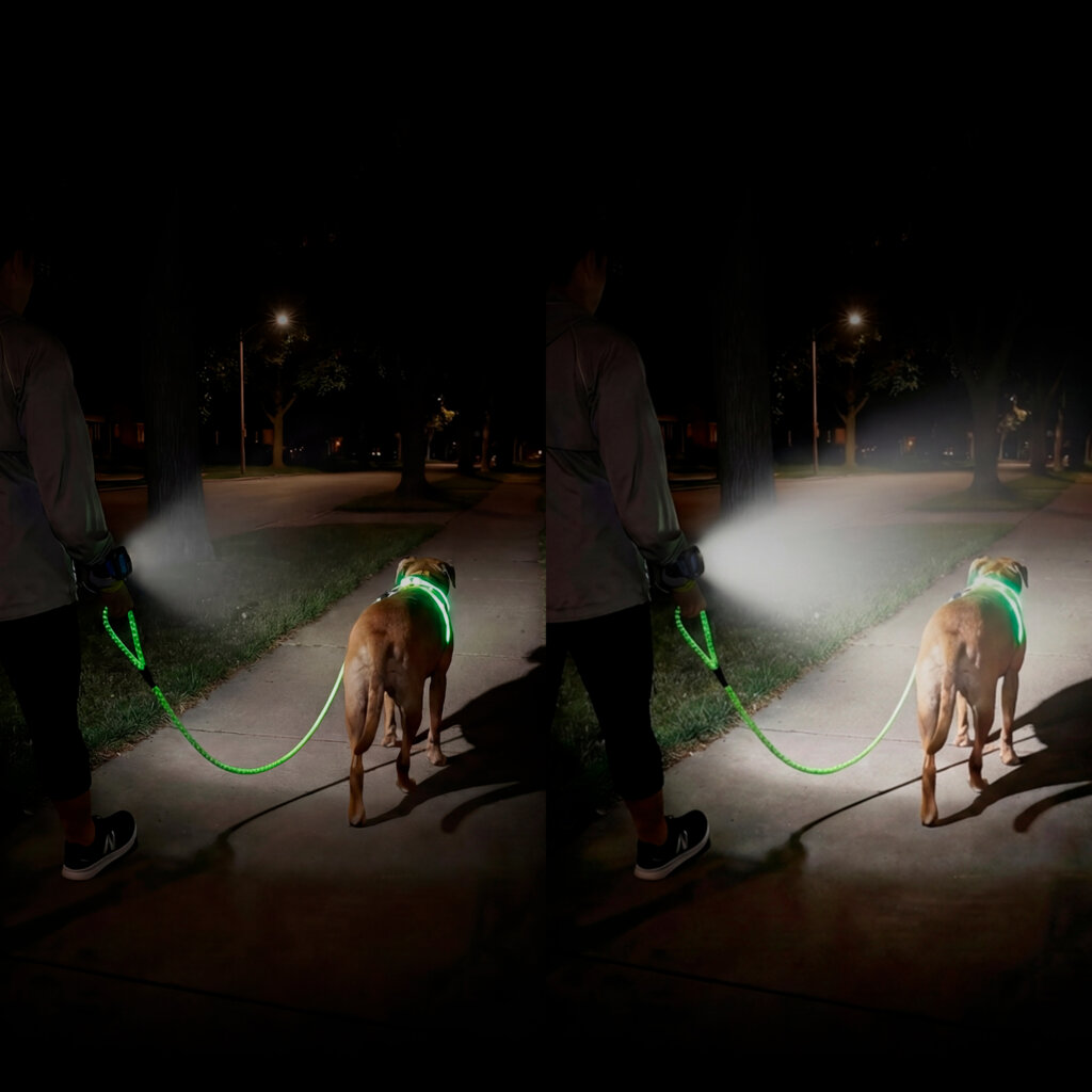 Side-by-side nighttime dog walk showing 250 vs 500 lumen wrist light brightness.
