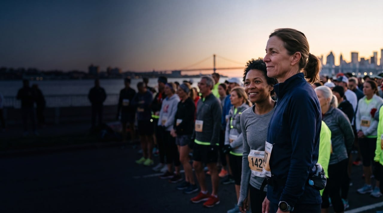 Runners waiting at a start line at dawn, with a bridge and city skyline across the water